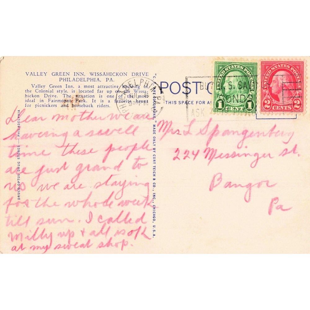 Vintage Valley Green Inn Postcard Wissahickon Drive Philadelphia PA 1938 Linen - Picture 2 of 2